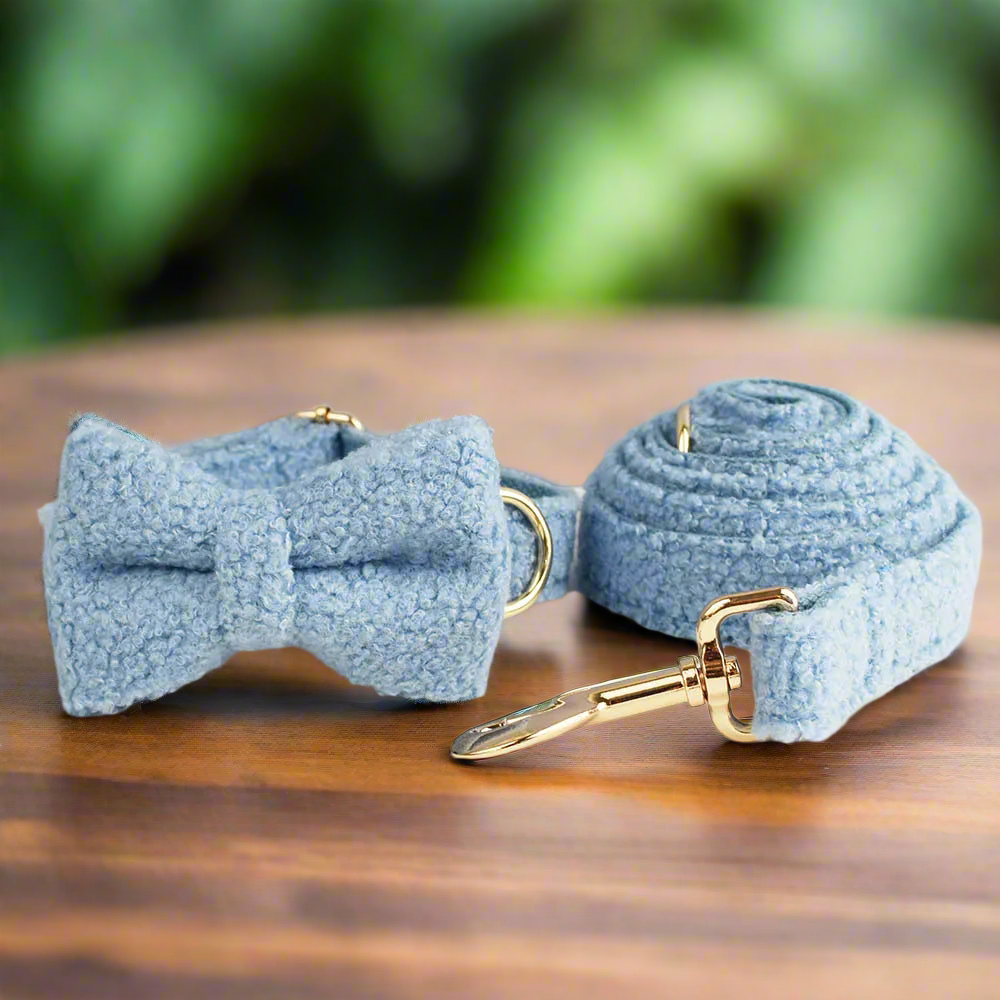 Teddy fleece personalised dog collar and lead set with detachable bow tie.
