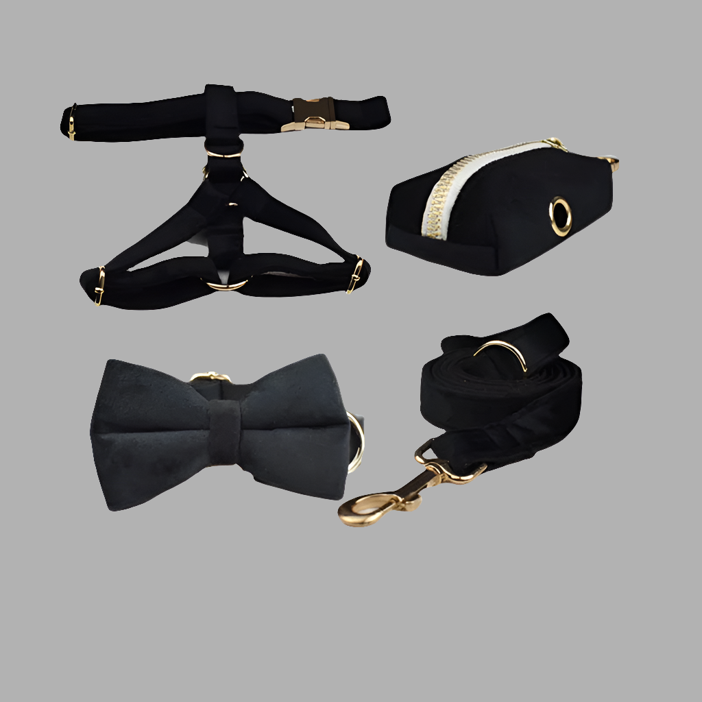 Wedding Tails Velvet Dog Harness Set in black with matching collar, lead, poop bag, flower, and bowtie for weddings.