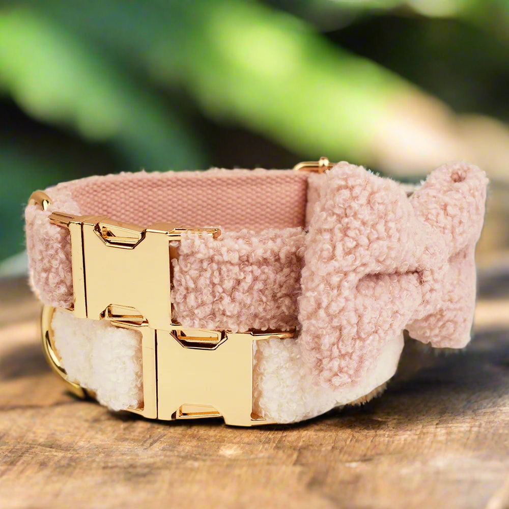 Teddy fleece personalised dog collar with detachable bow tie, gold hardware, and soft fabric.
