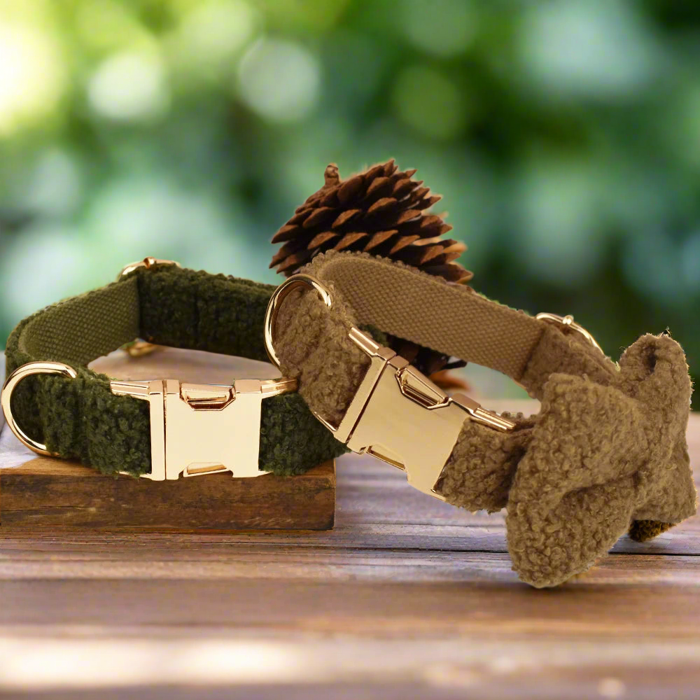 Teddy Fleece Personalised Dog Collar with Optional Lead and Bow Tie.