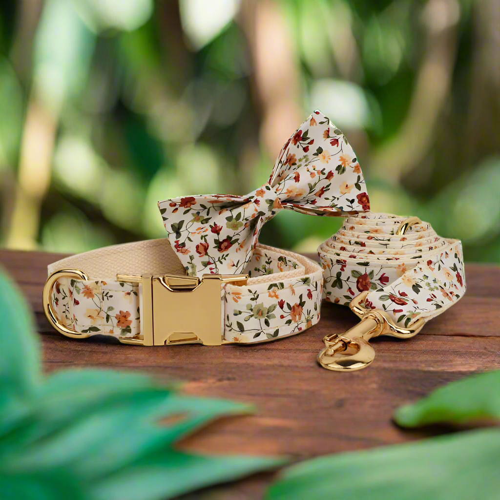 Handmade floral dog harness with bow tie, personalized engravable luxury pet accessory for spring.