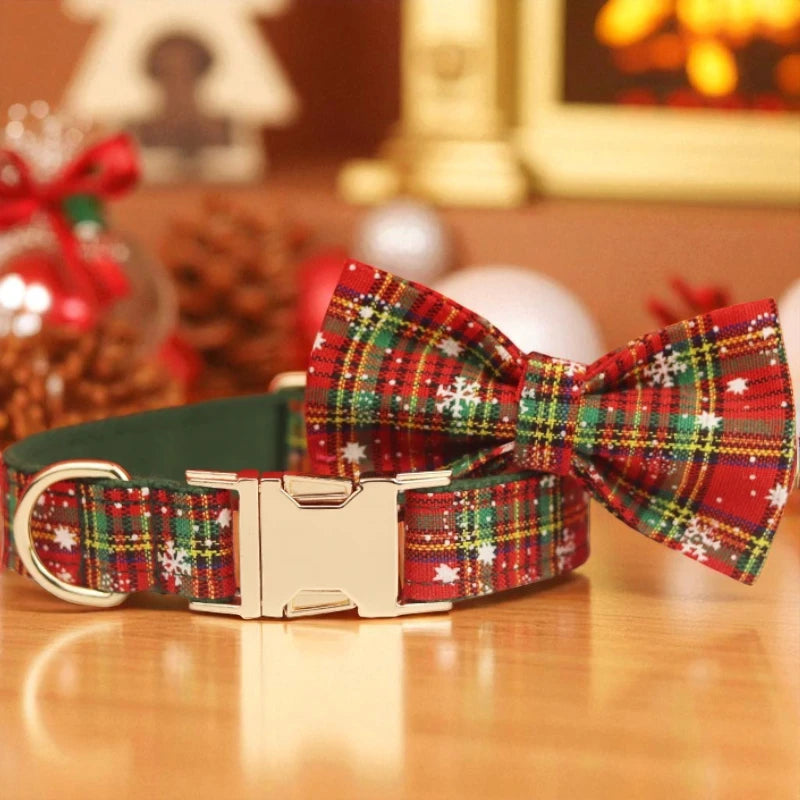 Plaid dog collar with a bow tie on a wooden surface, festive background