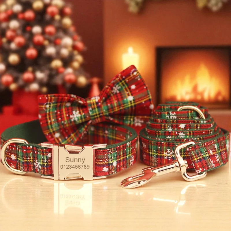 Plaid dog collar, bow tie, and leash set with 'Sunny' tag in front of a Christmas tree and fireplace.