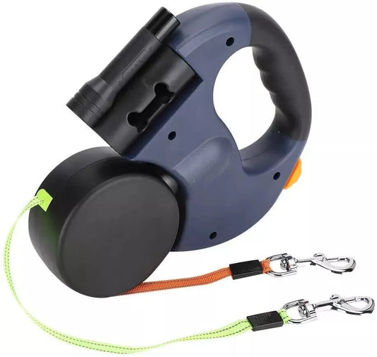 Retractable dog lead with multiple attachments on a white background