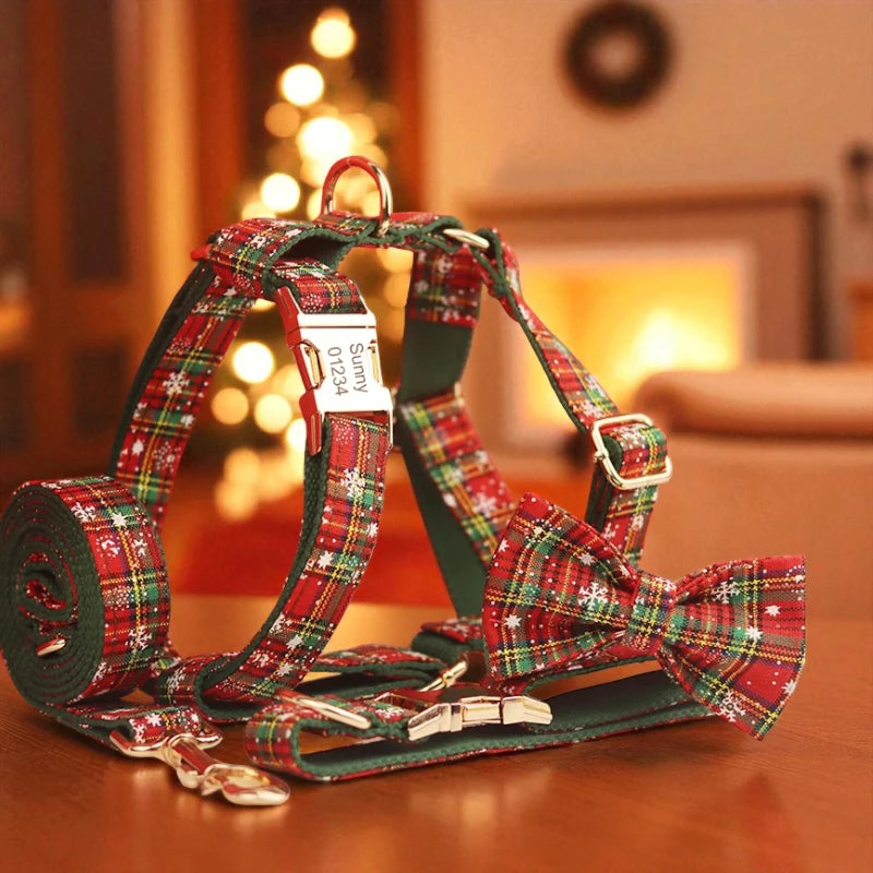 Plaid dog harness and lead set on a wooden surface with a blurred background