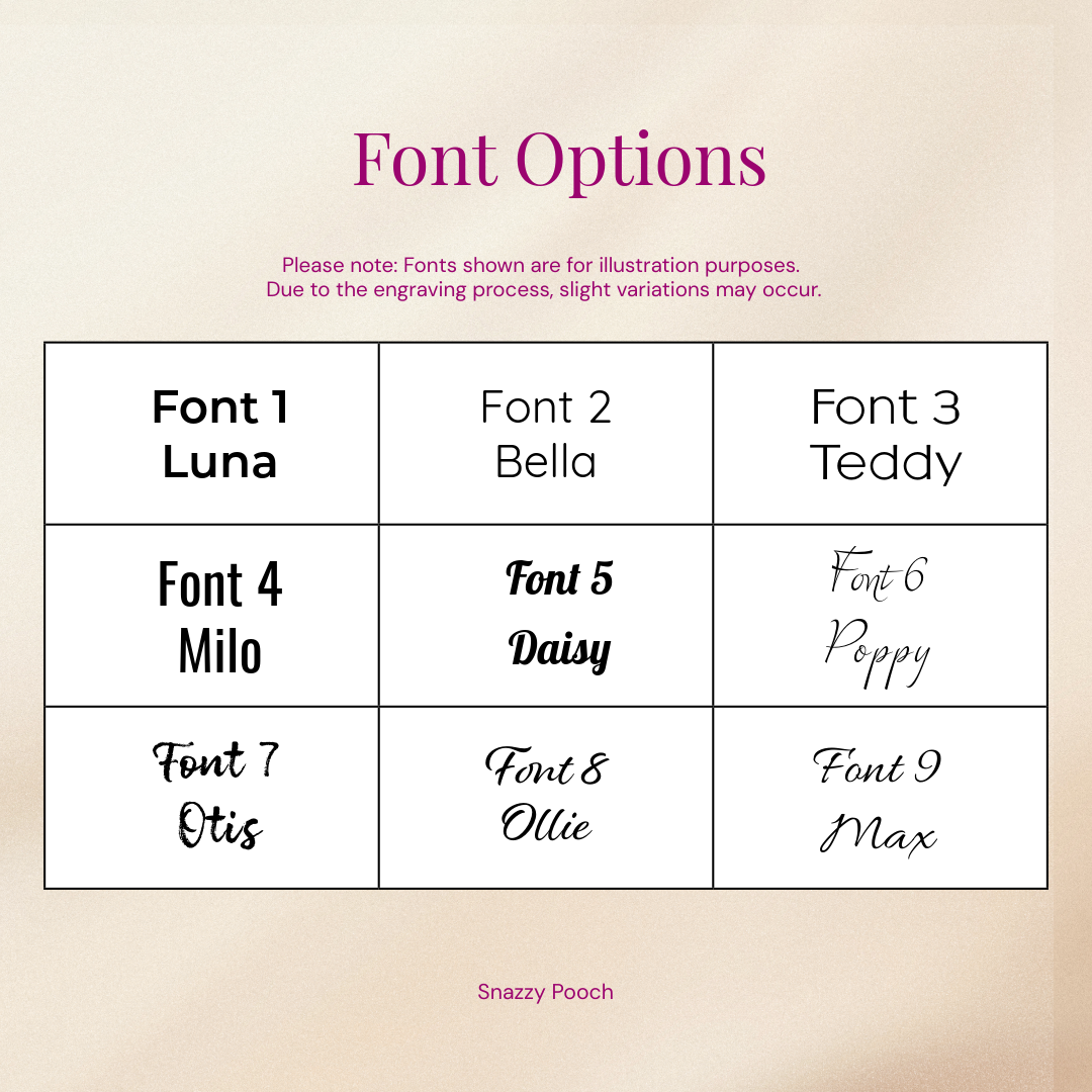 font options for engraving in luxury pet accessories.