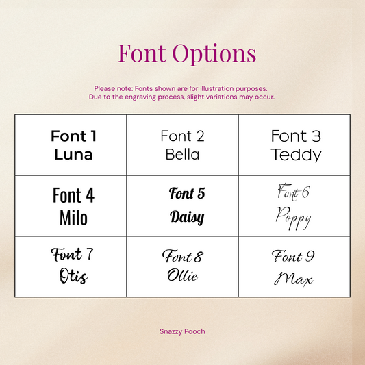 font options for engraving in luxury pet accessories.