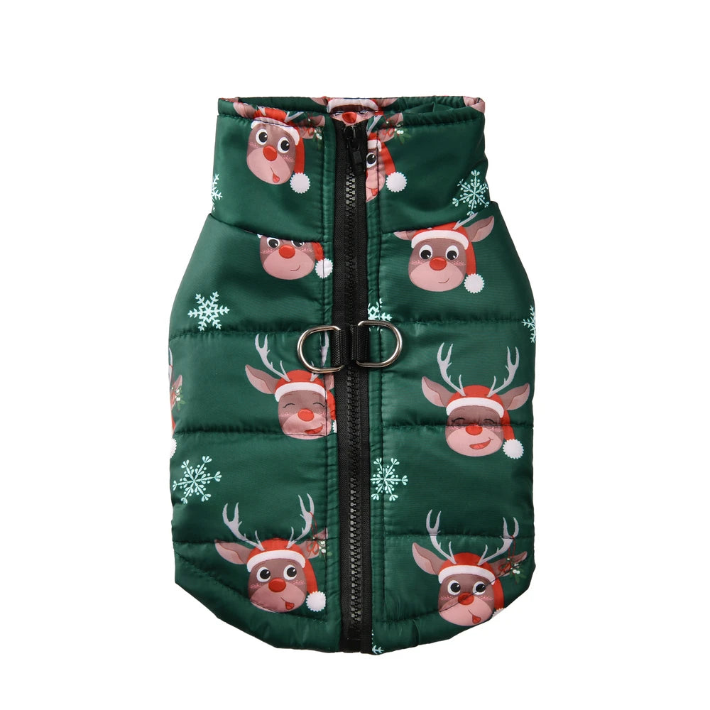 green dog coat with reindeer pattern
