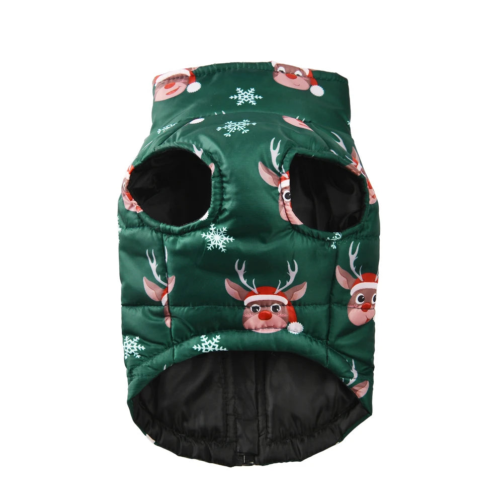 green dog coat with reindeer pattern