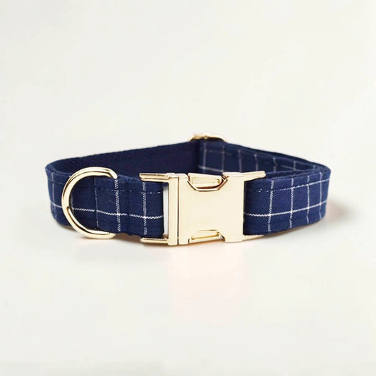 Navy check dog collar with a gold buckle on a light beige background
