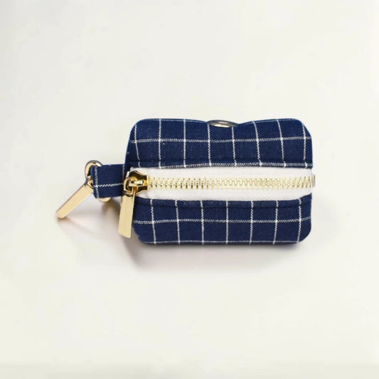 Navy check dog poop bag holder with gold zip and clip