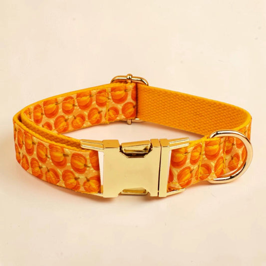 A personalised dog collar featuring a vibrant orange and yellow pumpkin pattern, a gold metal buckle and a gold metal D-ring.