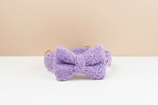 Purple teddy fabric bow tie on purple collar