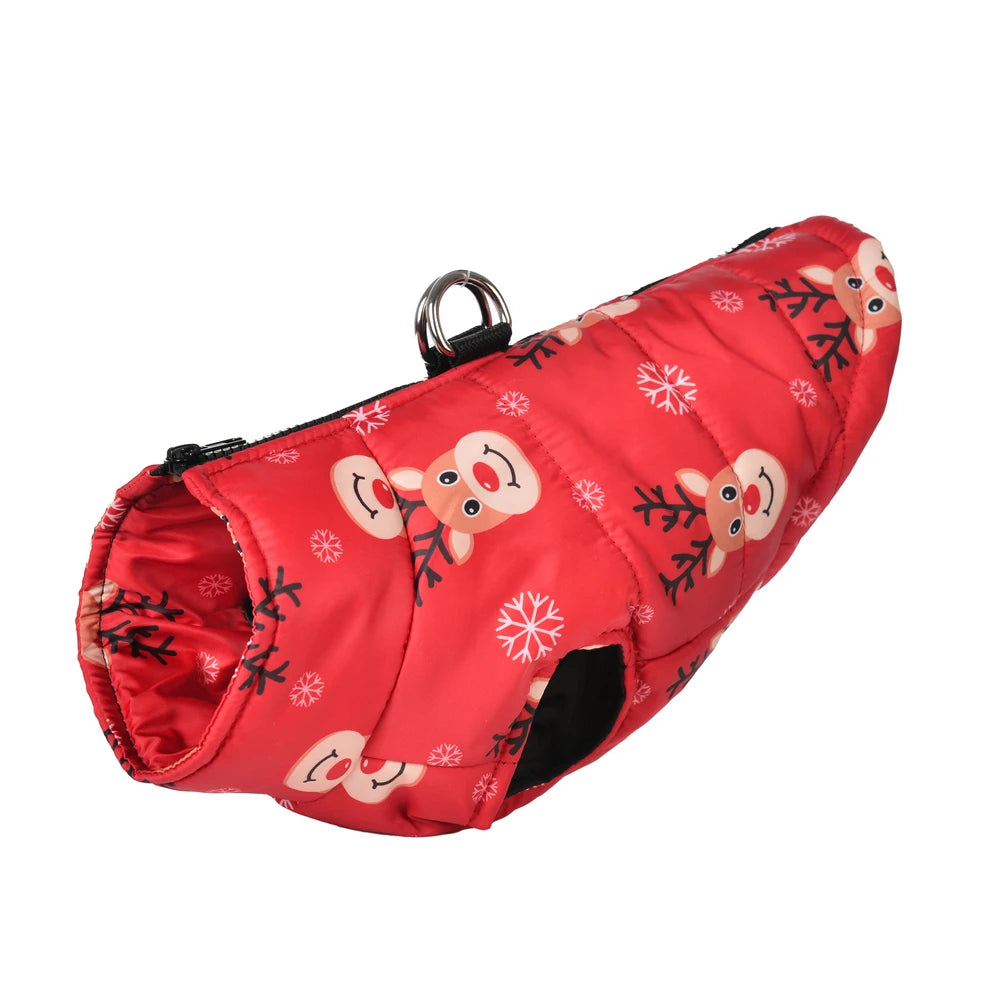Red dog coat with reindeer pattern on a white background