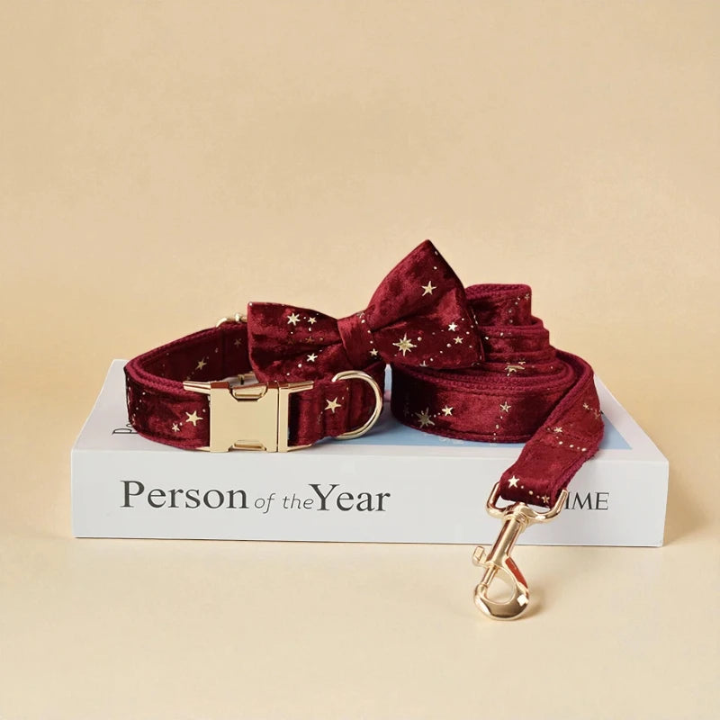 Red velvet dog collar and leash set with gold accents on a beige background