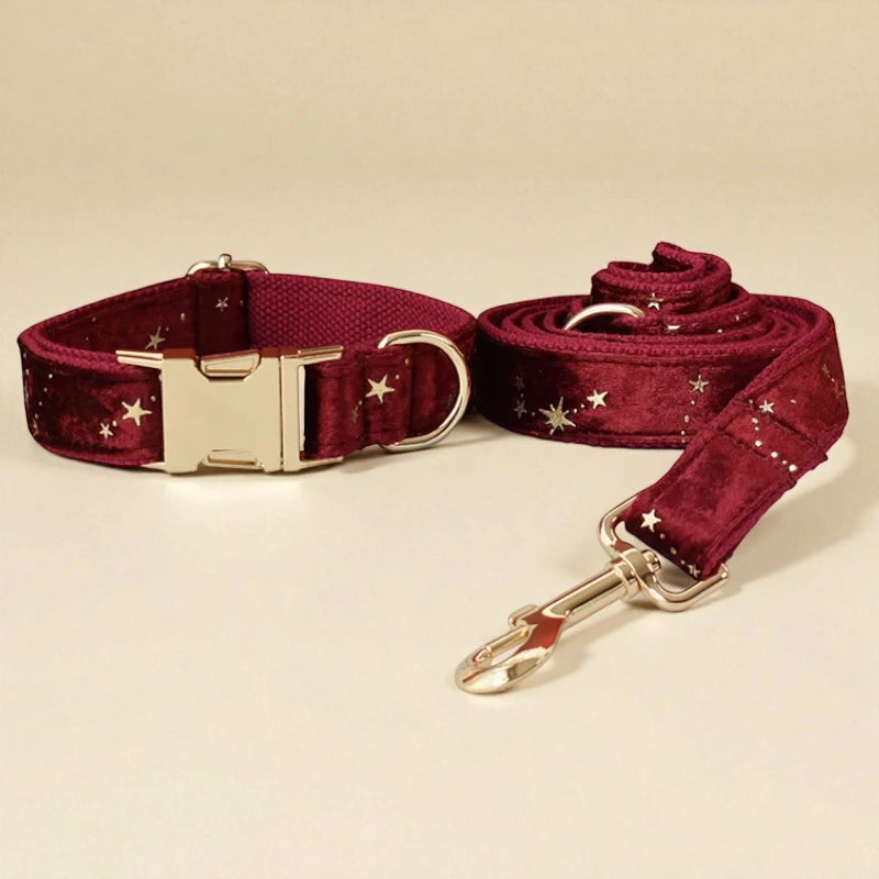 Burgundy dog collar and leash set with gold hardware on a beige background