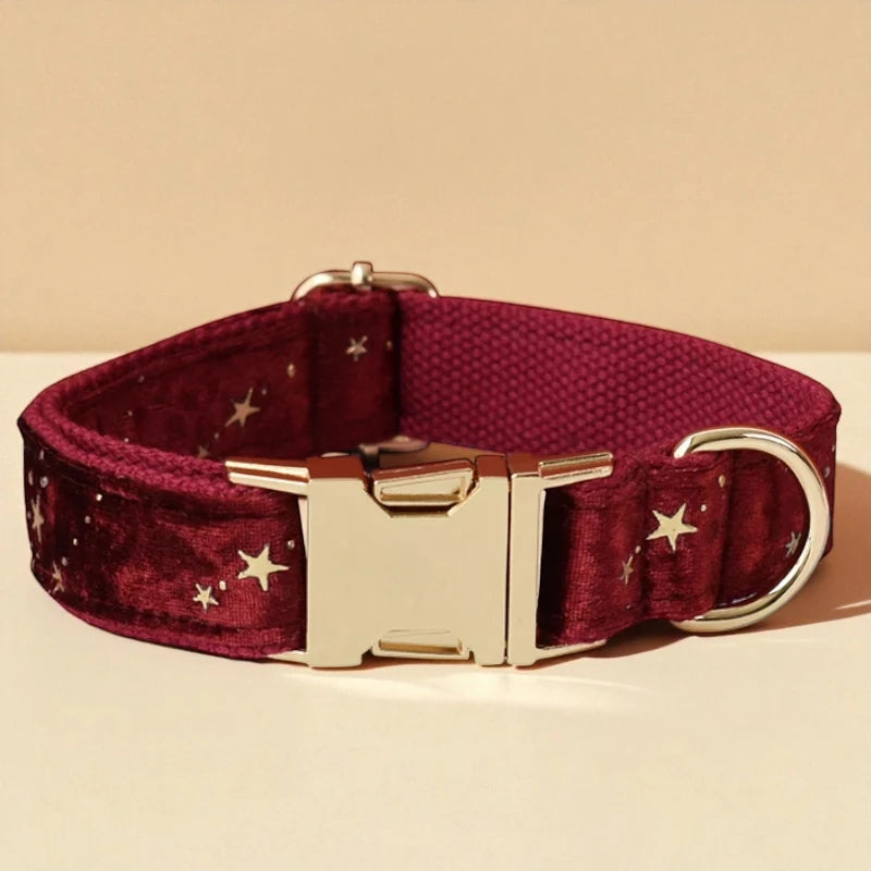Red dog collar with star pattern and gold buckle on a beige background