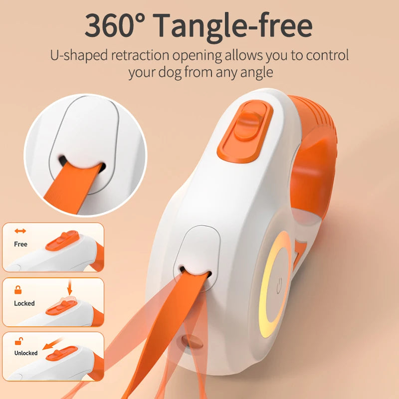 Dog lead retractor with orange and white design on a beige background