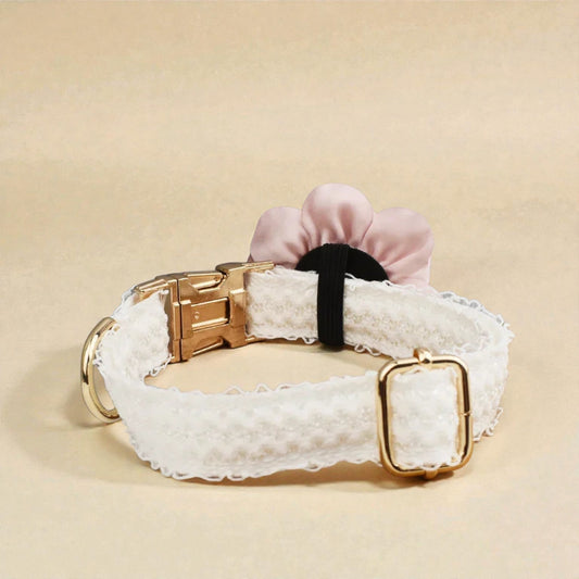 Collar de encaje blanco para perro personalizado con placa de identificación grabada, arnés para boda para mascotas, accesorios para perros, encaje de lujo 03