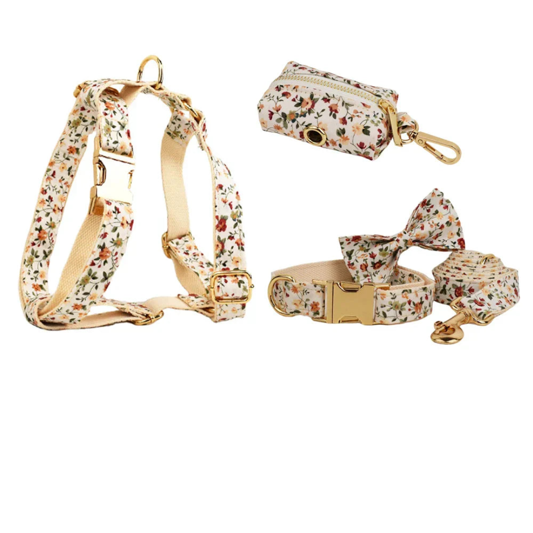 Luxury floral dog harness set with quick-release buckle and customizable engraving.
