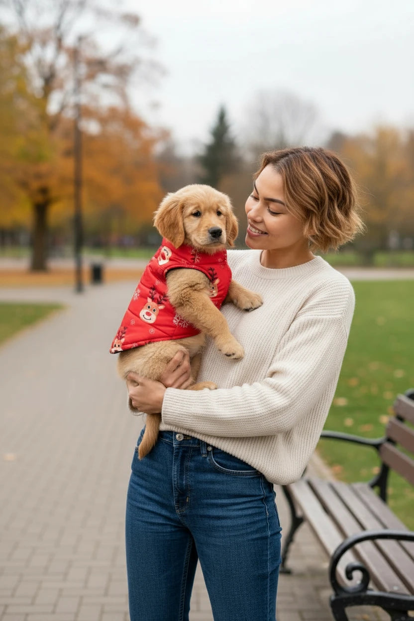 Woman holding a golden puppy wearing a red coat in a park.