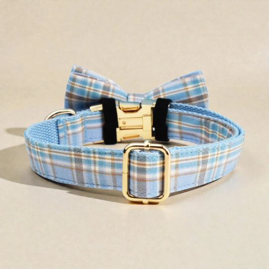 Blue plaid dog collar with a bow tie and gold buckle on a beige background