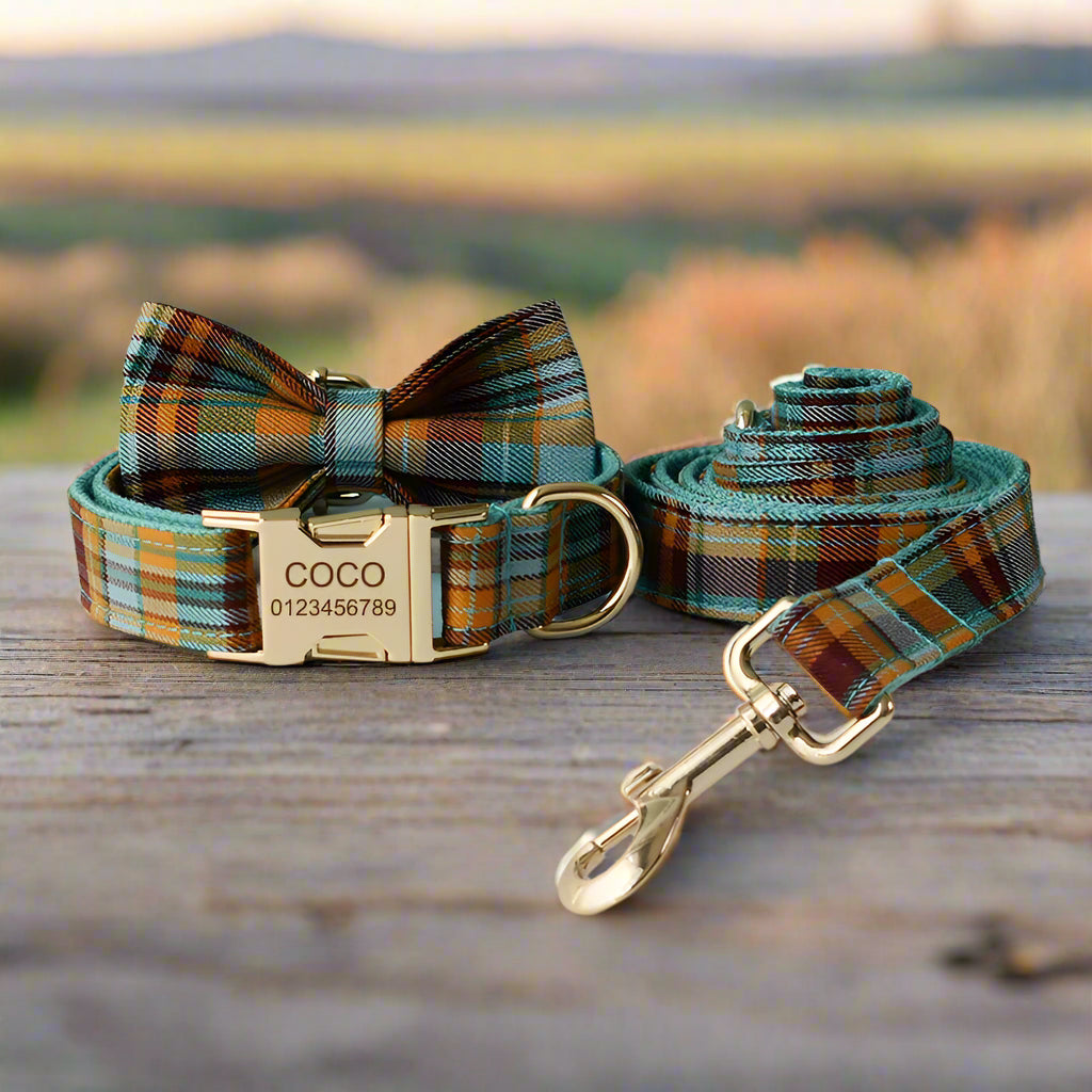 Luxury handmade tartan pet leash in heather green with personalised engraving and optional bow tie.