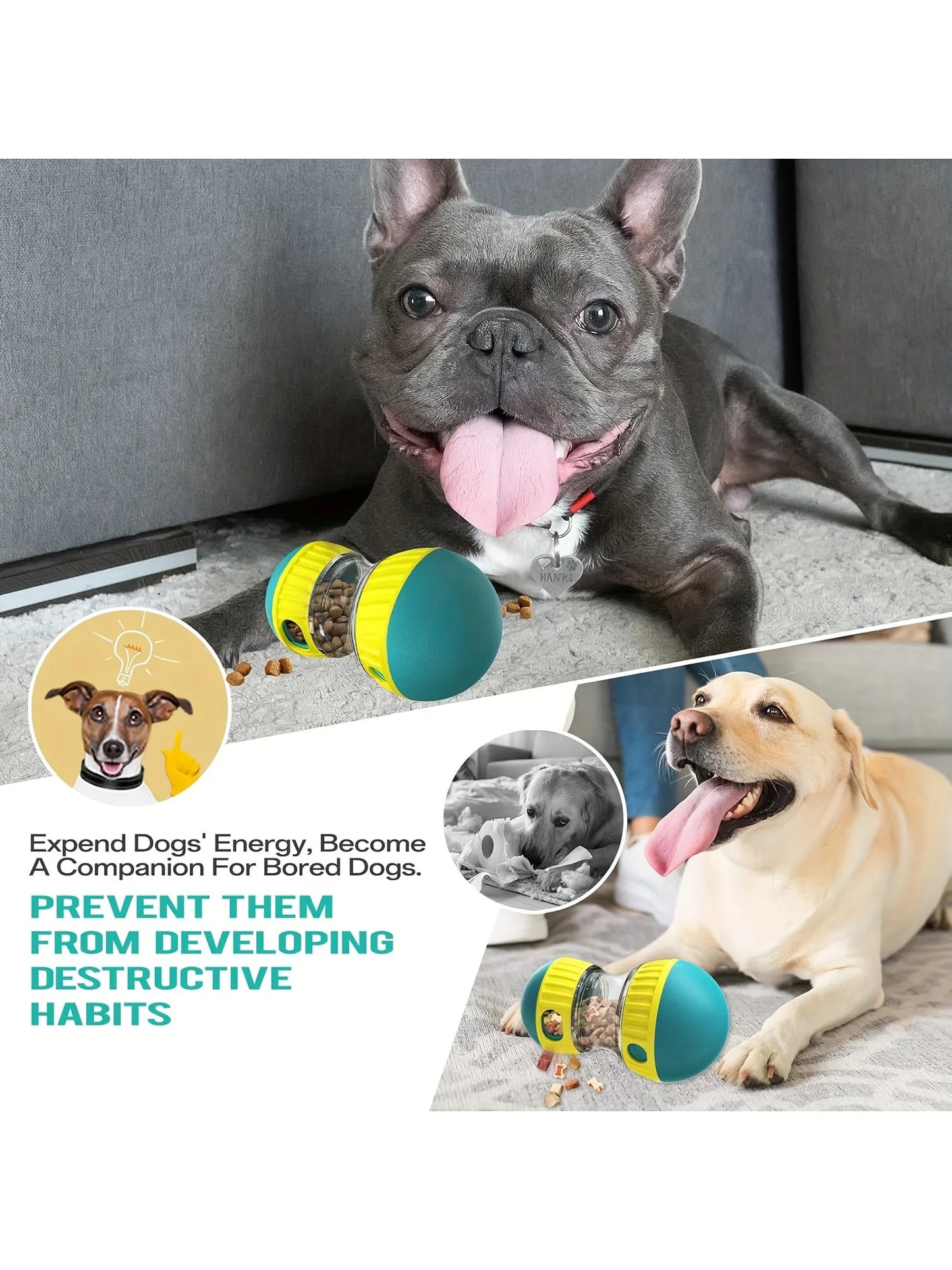 Two dogs with a toy, with text promoting the product's benefits.