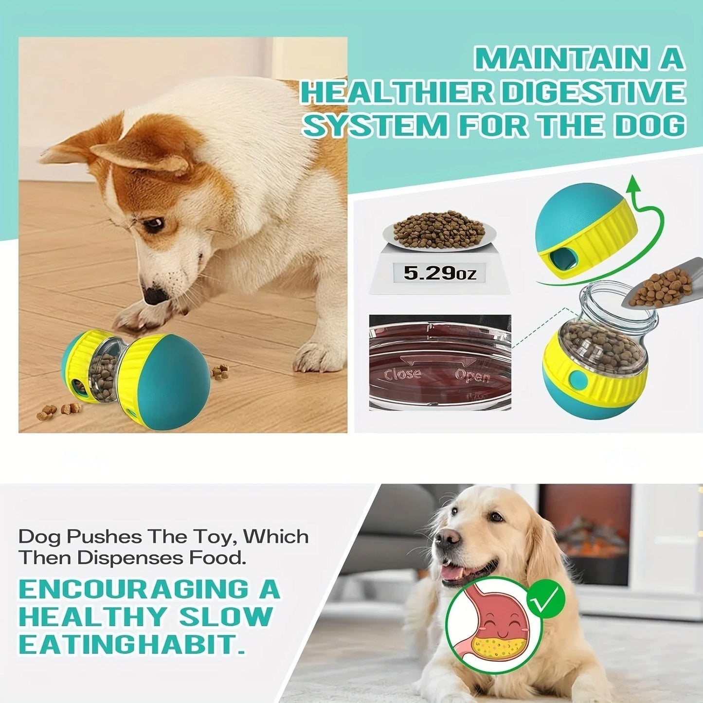 Dog toy dispenser with food, promoting a healthier digestive system for dogs.