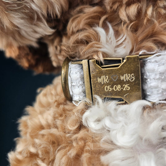 wedding collar buckle close up with engraveing that reads mr mrs 05-08-25