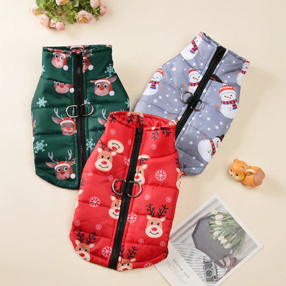 Three dog vests with Christmas patterns on a light background