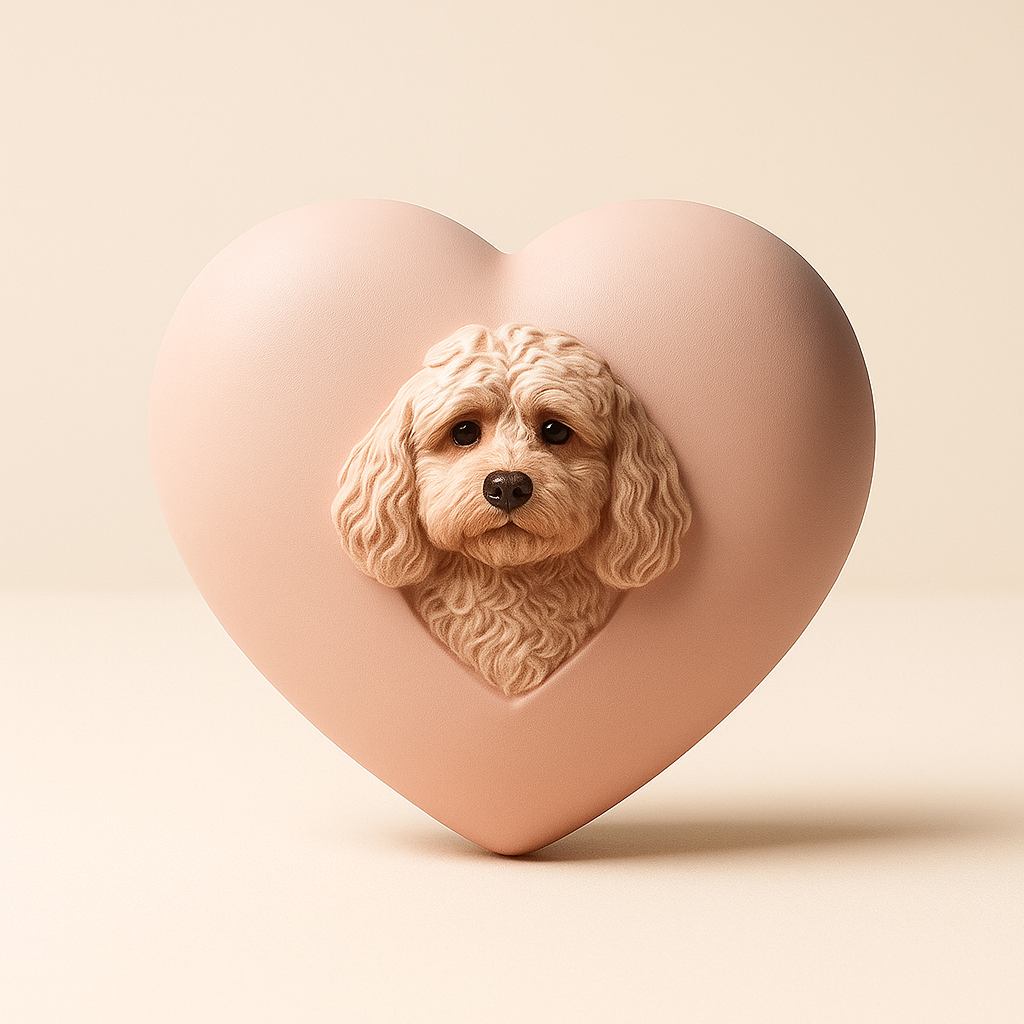 Heart-shaped pink object with a dog's face on a beige background