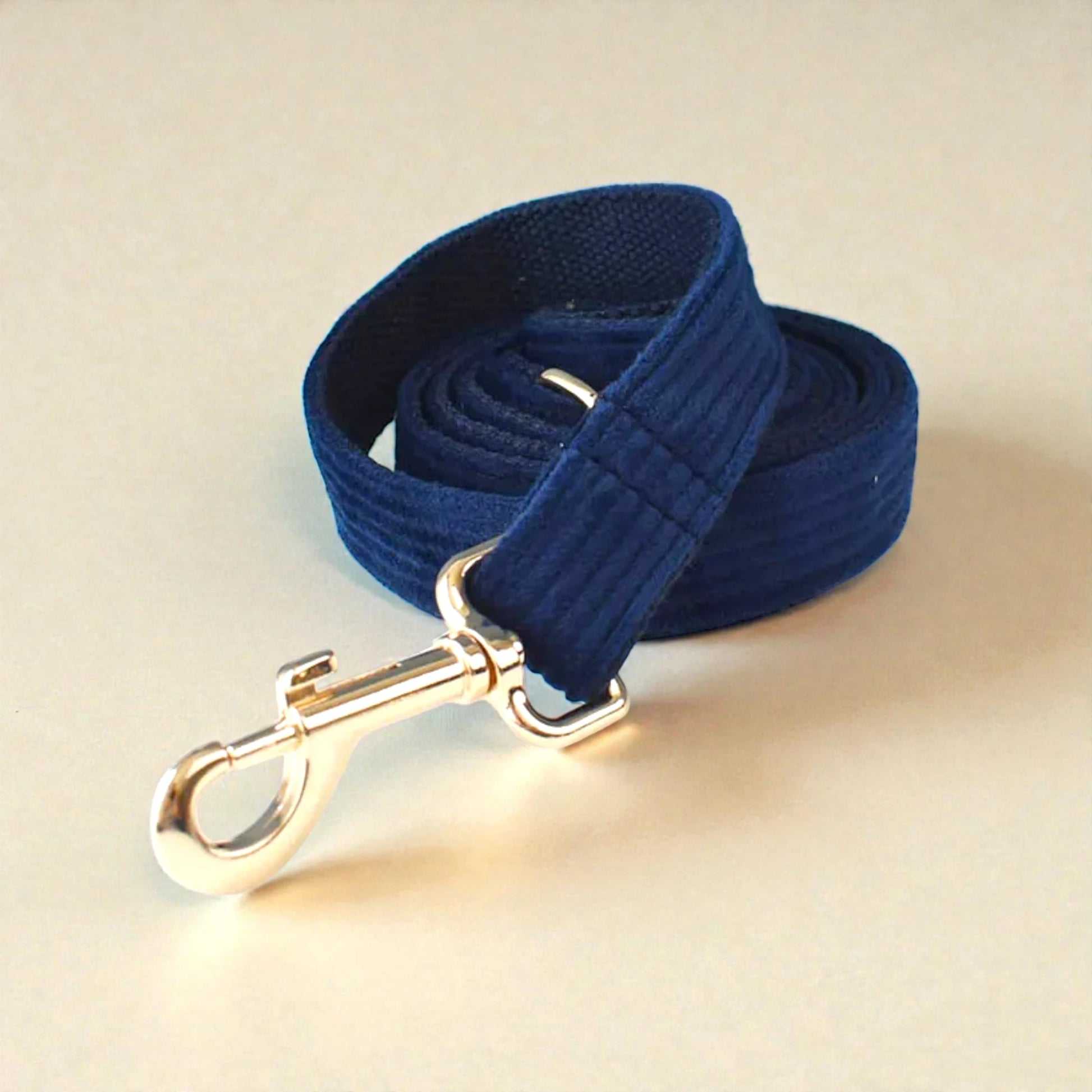 Navy blue dog lead with a gold clasp on a beige background