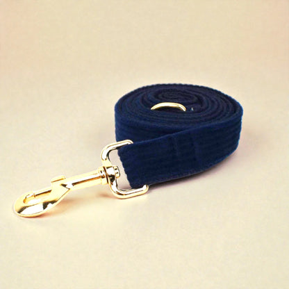Navy blue dog lead with gold clasp on a beige background
