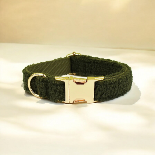 Teddy Fleece Engraved Dog Collar – Forest Green