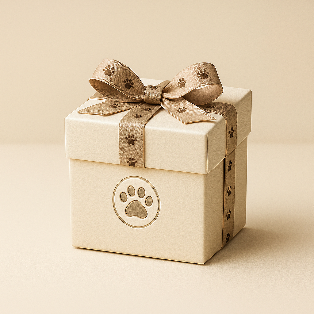 Beige gift box with a paw print design and ribbon on a beige background