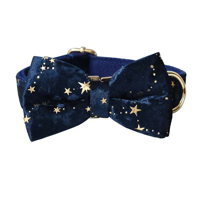 Luxury personalized blue velvet dog collar with starry night pattern and detachable bow tie.