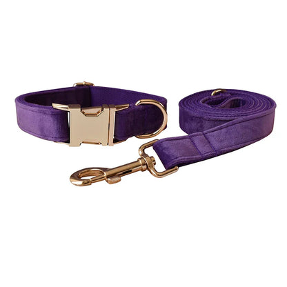 Purple handmade velvet fabric dog collar and leash set with engravable metal buckle.