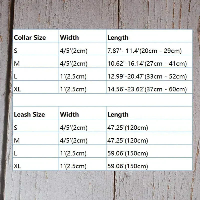 Size chart for personalised dog collar with name, custom engraved nameplate, available in sizes S, M, L, XL.