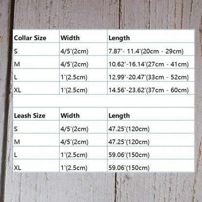 Size chart for personalised dog collar with name, custom engraved nameplate, available in sizes S, M, L, XL.