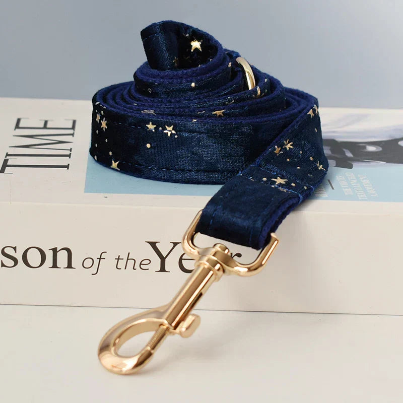 Blue velvet personalised dog collar with starry pattern, engravable, luxury pet accessory.