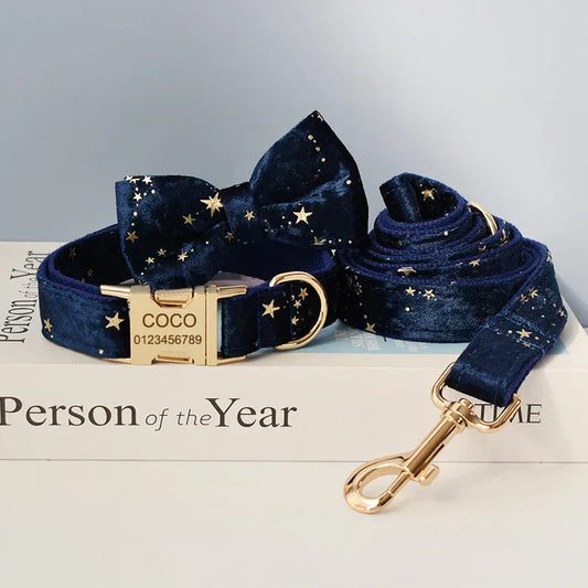 Luxury blue velvet dog collar set with personalized engraving, starry pattern, and optional bow tie.