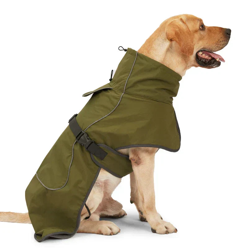 Waterproof fleece-lined dog coat for large breeds; reflective, windproof, green.