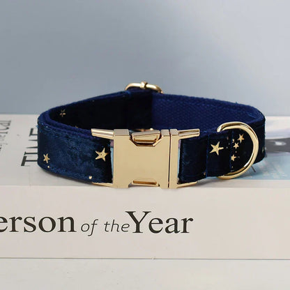 Luxury blue velvet personalised dog collar with starry pattern, quick release, and engravable details.