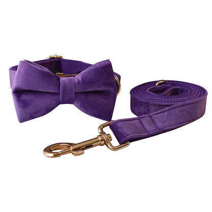 Luxury purple handmade velvet fabric dog collar and lead set with detachable bow tie.