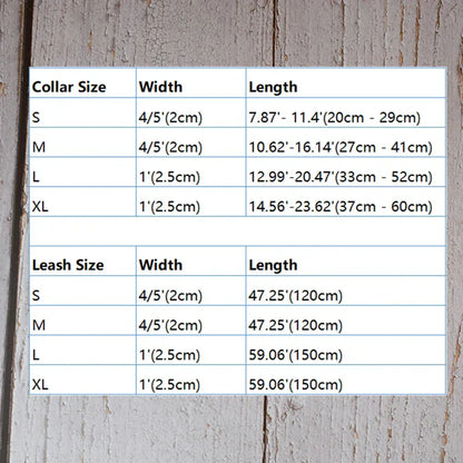 Blue velvet personalised dog collar size chart on wooden background.