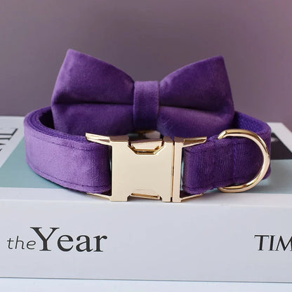 Handmade purple velvet dog collar with engravable nameplate and detachable bow tie.