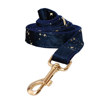 Luxury blue velvet personalised dog collar with starry pattern, engravable personalized pet accessory.