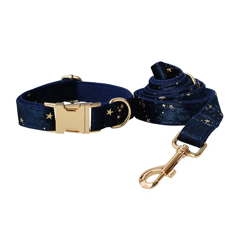 Luxury personalized blue velvet dog collar with starry pattern and gold hardware, customizable with pet's name and contact info.