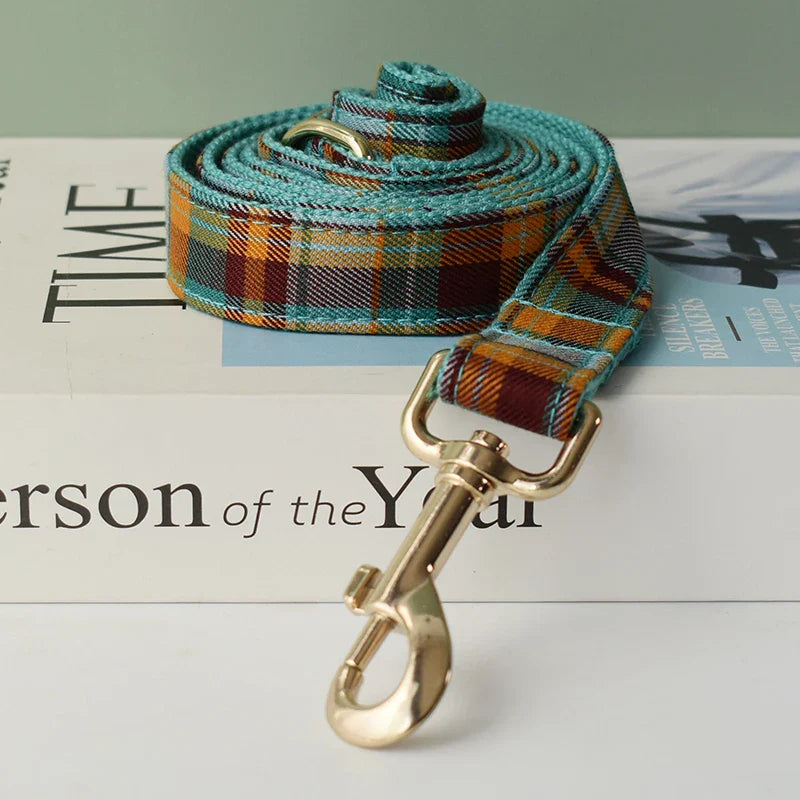 Heather green tartan pet leash from the Handmade Tartan Tails Collection, featuring an engravable design and luxury pet accessory style.